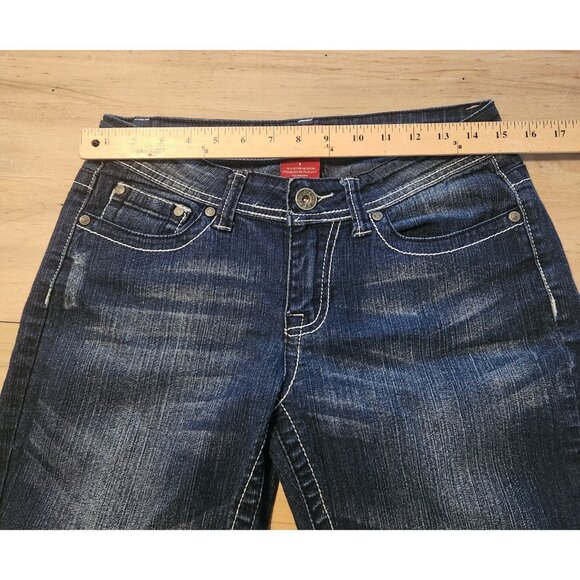 Red Rivet Jeans Embroidered Rhinestone Pockets Stretch Dark Blue Size 9 EUC - Picture 10 of 12